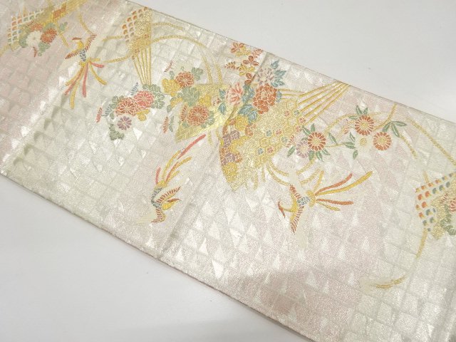 JAPANESE KIMONO / FUKURO OBI / WOVEN FAN WITH BIRD & FLOWER